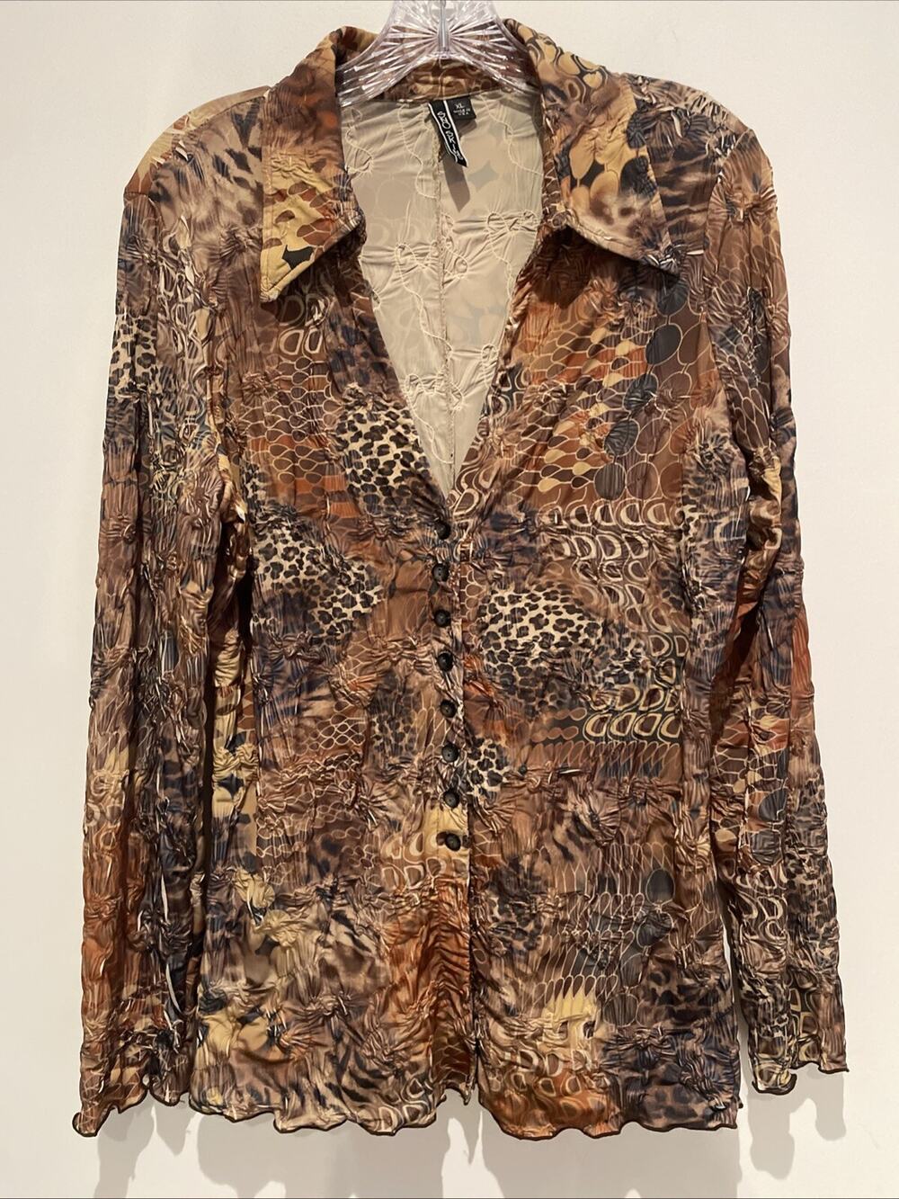 SnoSkins Womens XL Crinkle Blouse Top Long Sleeve Button Up Art-to-Wear